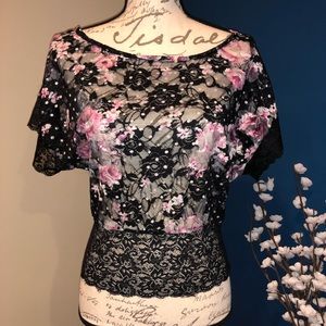 Black & pink floral lace sheer blouse